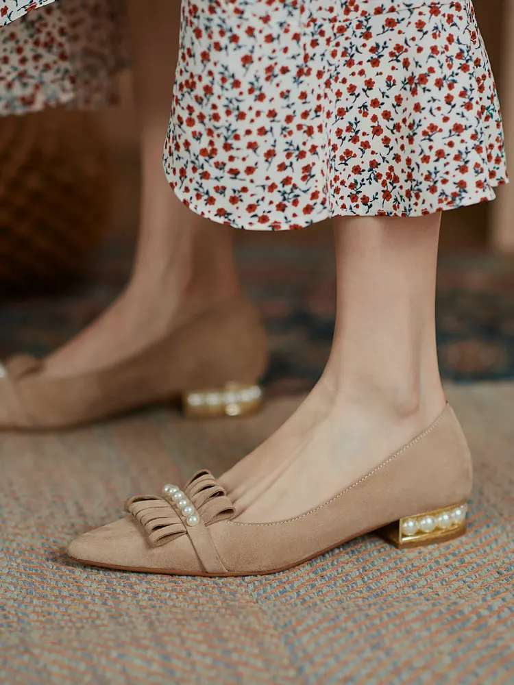 

EshtonShero Women Flats Suede Casual Shoes Basic Spring Summer Thick Heels String Bead Slip On Pointed Toe Shoes Wedding Woman