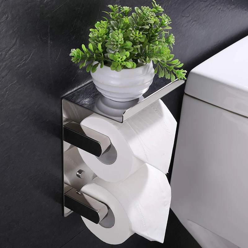 

Double Roll Toilet Paper Holder Wall Mounted with Shelf, SUS 304 Stainless Steel Bathroom Accessories Tissue Roll Dispenser Stor