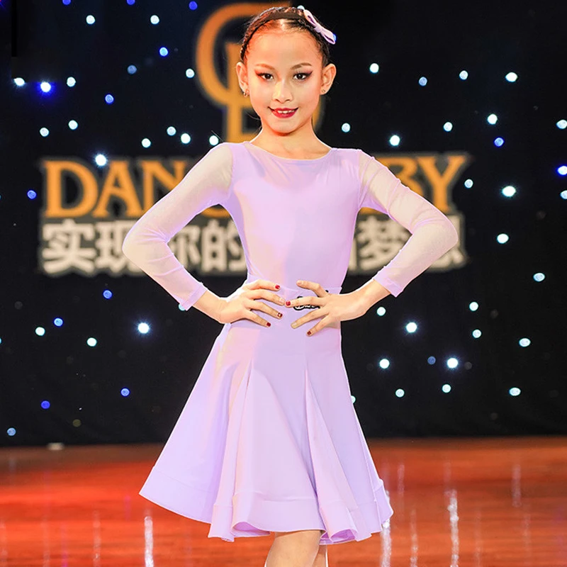 

Girls Standard Latin Dance Competition Dress Round Neck Purple Dresses Kids Cha Cha Samba Rumba Training Dancing Clothes BL5657