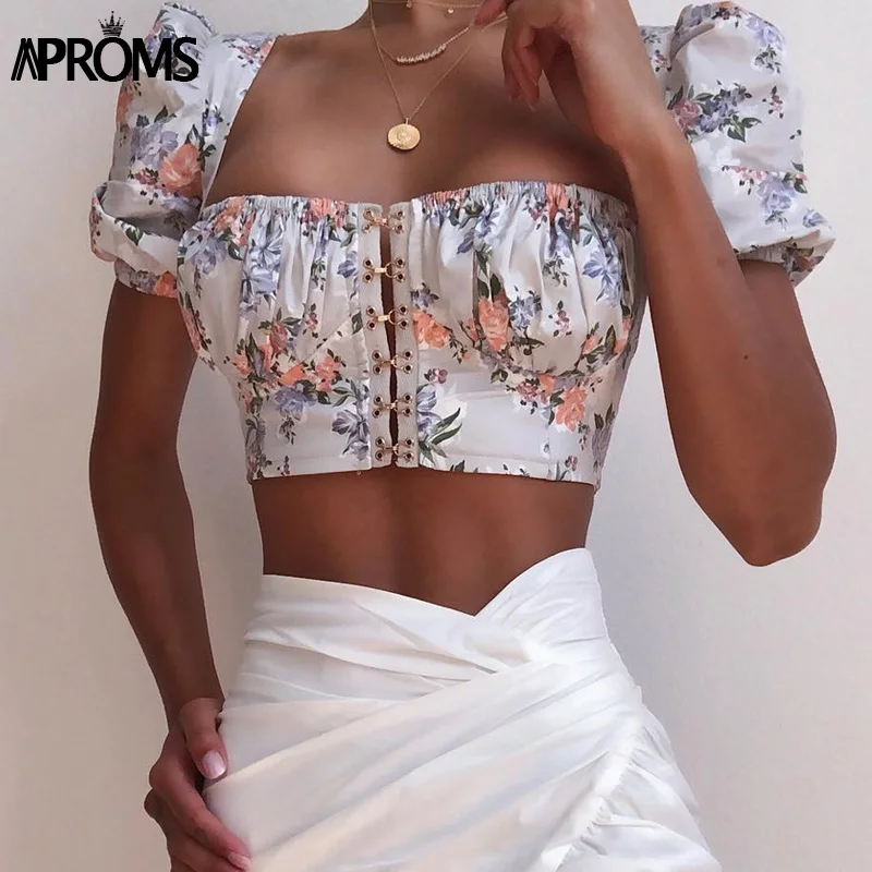 Aproms, Ретро стиль, квадратная горловина, сексуальные женские топы, летние, короткий топ, женская уличная одежда, синий, цветочный принт, пуговицы, Топики, тройники