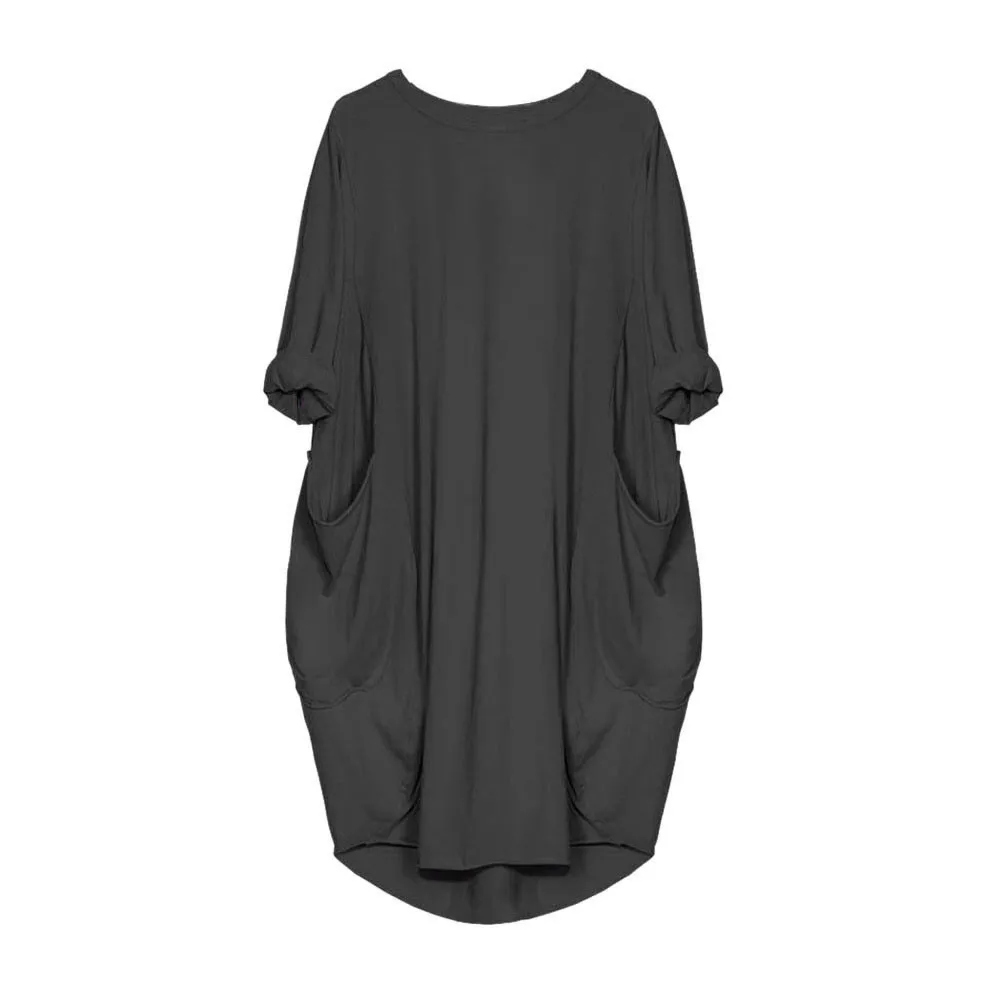 

Women Pocket Loose Dress Ladies Crew Neck Casual Tops Dress O Neck Solid Plus Size Long Sleeve Spring Autumn Dress #GH