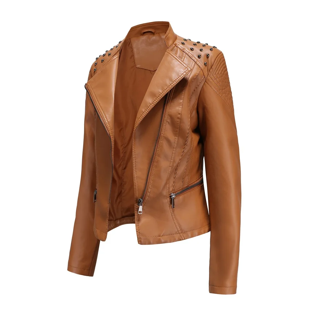Women Red Pink Brown Faux Soft Leather Jacket Coat Turn-down Collar Casual Pu Motorcycle Slim Fit Jackets Punk Rivet Outerwear