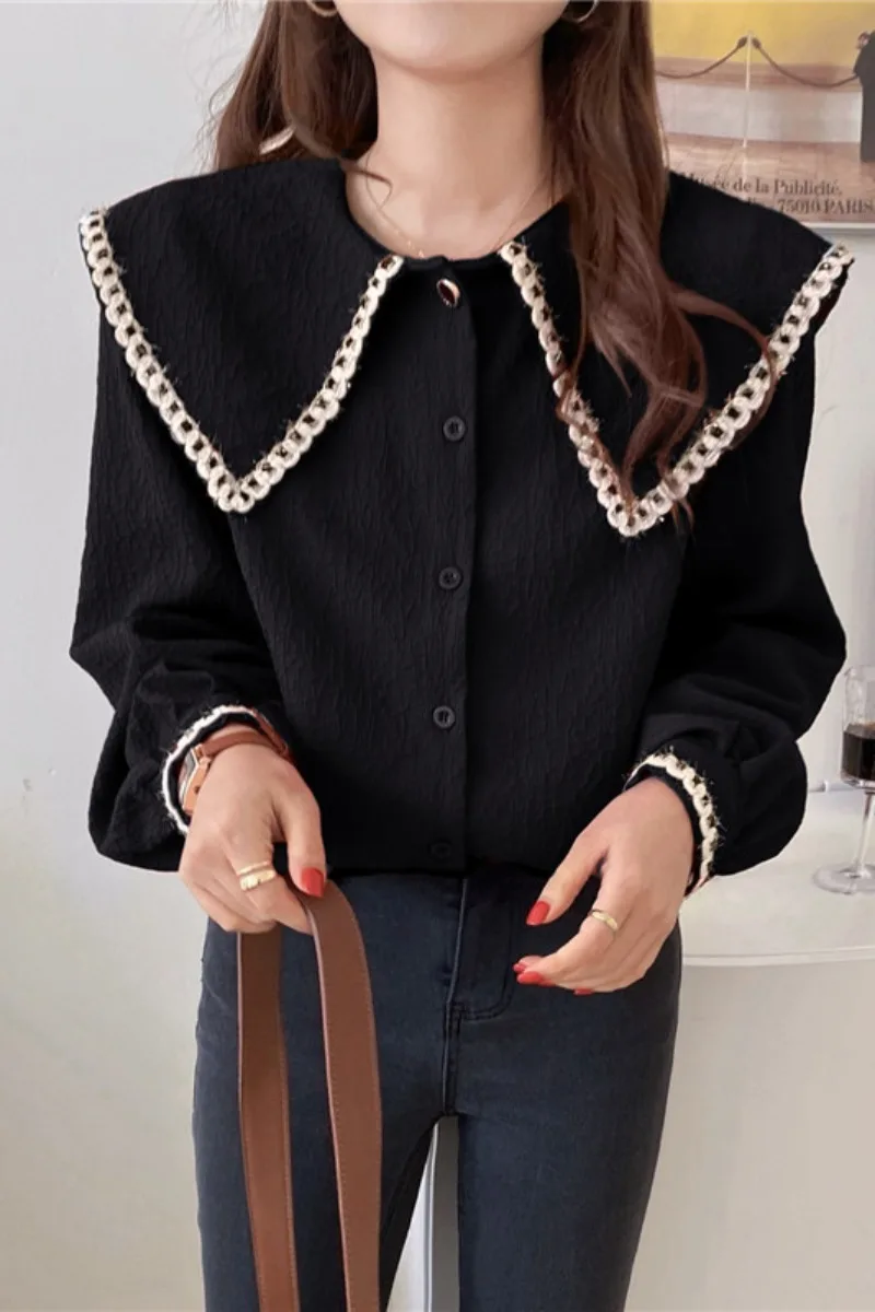 

COIGARSAM Vintage Full Sleeve Shirt Womens tops Spring Peter pan Collar Women shirts Red Black 5015