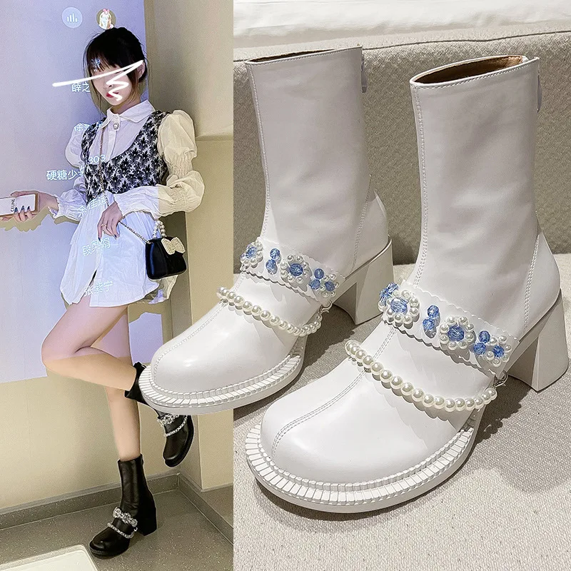 

Women's Boots Japanese Style Martin Boots Women's 2021 Autumn and Winter New Crystal Flower Beaded Fashion Boots Boots Women
