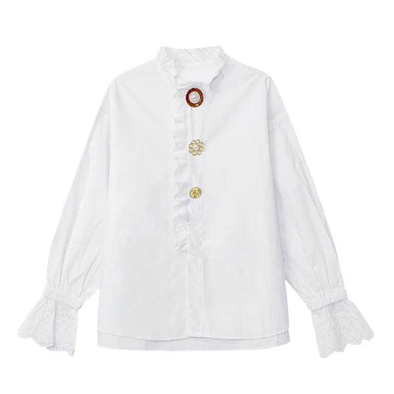 

XITAO Lace Patchwork Casual Shirt Women Tide Fashion New Style Stand Collar Long Flare Sleeve Single Breasted Elegant Top ZY4152