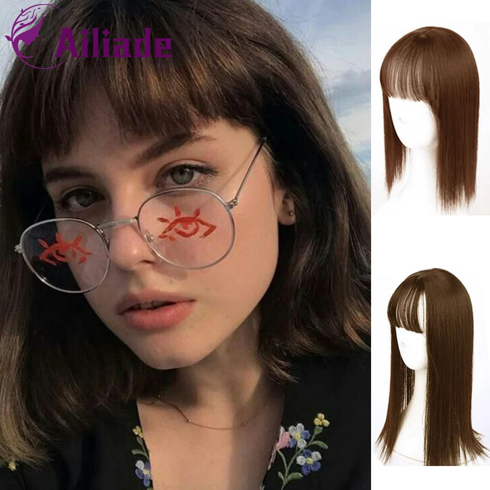 Длинные прямые синтетические заколки для волос в парике шиньоны Топпер с челкой