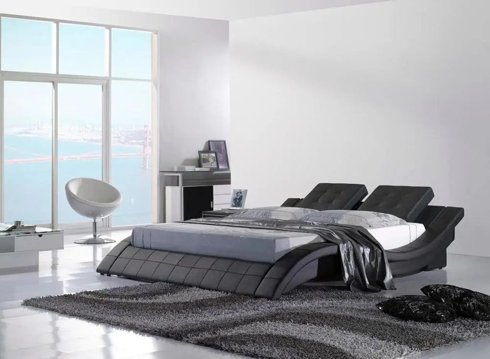 New arrival 2020 Modern design bedroom sets LED lighting white color real leather bed | Beds