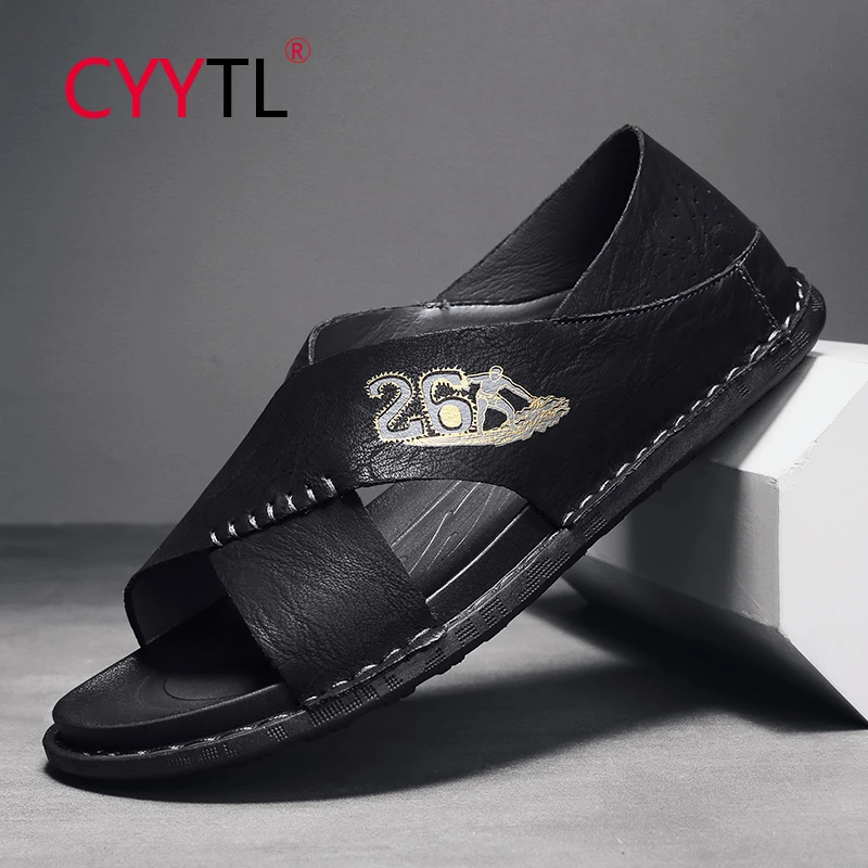 

CYYTL Men Summer Sandals Outdoor Leisure Breathable Leather Slipper Open Toe Beach Walking Shoes Wide Strap Soft Hand Stitching