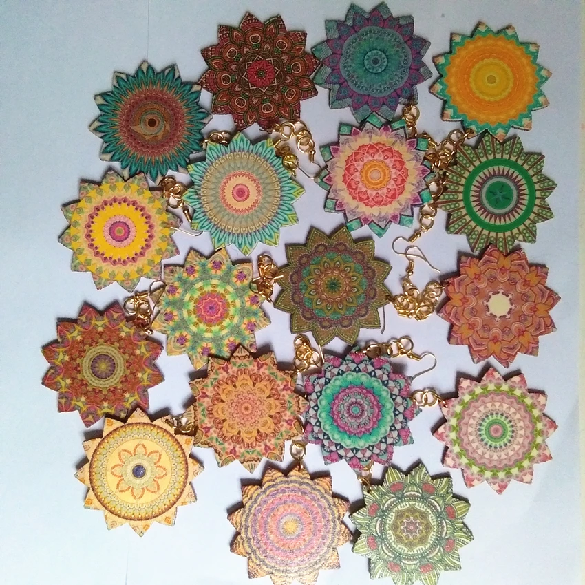 

Fashion Big Star Round Printing Flower Long Drop Earrings Wooden Clip Earrings Romantic Party Gifts For Women Girls Jewelry