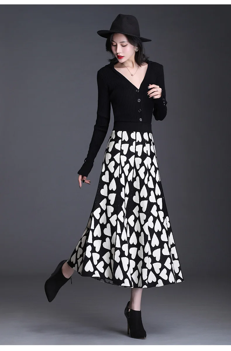 

Autumn Winter Women High Waist Big Swing Knitted Pleated Skirt Office Lady Elegant Plus Size Heart-shaped Pattern Long Skrits