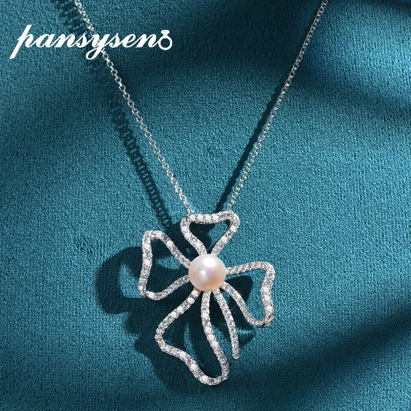 

PANSYSEN 100% 925 Sterling Silver 8MM Round Pearl Created Moissanite Diamond Pendant Necklaces for Women Wedding Fine Jewelry