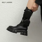 Сапоги женские из натуральной кожи, до середины икры, мотоциклетные ретро сапоги из овечьей кожи, с перекрестной шнуровкой, со съемной сумкой, Осень-зима