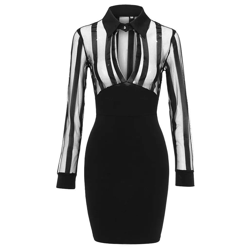 

Summer Dress Women Sexy Party Dresses Fashion Ladies V-Neck Long Sleeve Sheer Striped Mesh Patchwork Bodycon Casual Work Dress