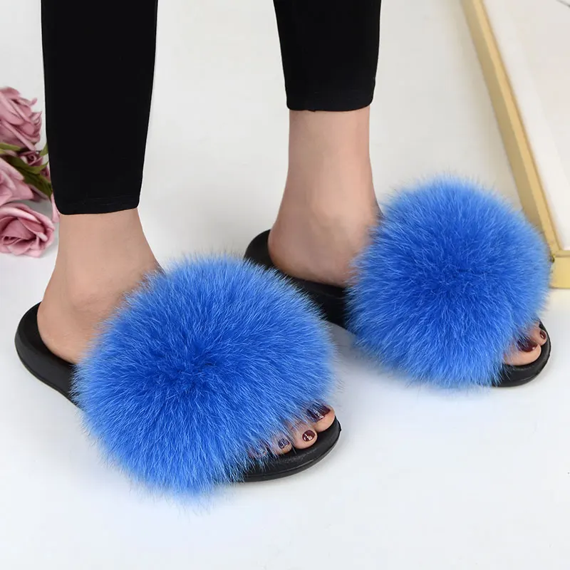

Women Summer Casual Fluffy Slippers with Fur Flat Non-Slip Real Fox Fur Furry Slides Large Size Shoes Flat Heel Fur Sandals 2021