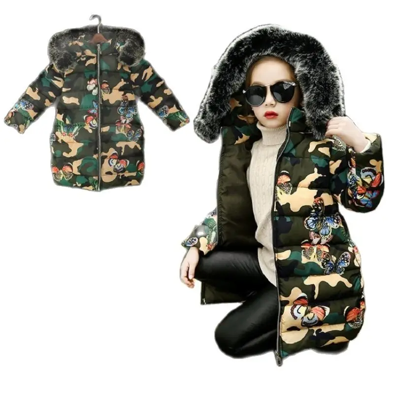 

Children's Clothing Coat 2021 Winter Girls Camouflage Cotton Coat Children Thickening Butterfly Print Fashion Hooded Jacket
