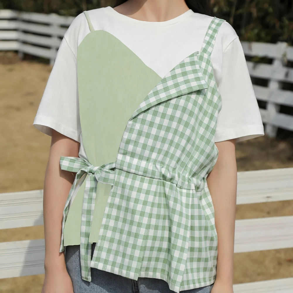 2021 Summer Lovely Plaid Fake Two Piece Women T-shirt Fashion Korean Harajuku Patchwork Loose Round Neck Short Sleeve Tee