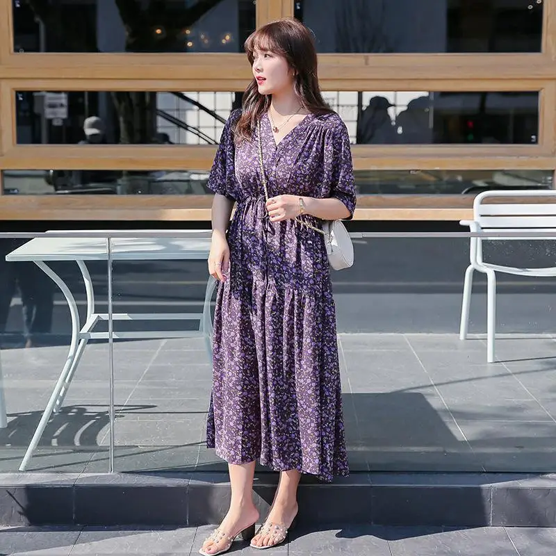 2020 летнее длинное шифоновое платье размера плюс фиолетовое Цветочное в