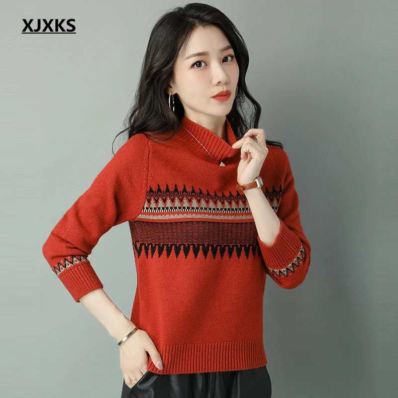 

Модный Полосатый пуловер XJXKS, женский шерстяной вязаный свитер, новинка 2022, зимний женский свитер с высоким воротником