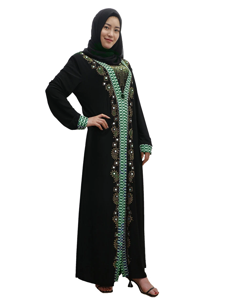 Black Green Мусульманское черное Абая мусульманское платье для женщин вышивка Стразы Дубай Кафтан халат платье турецкое абайя s платья платье - Цвет: Black Green