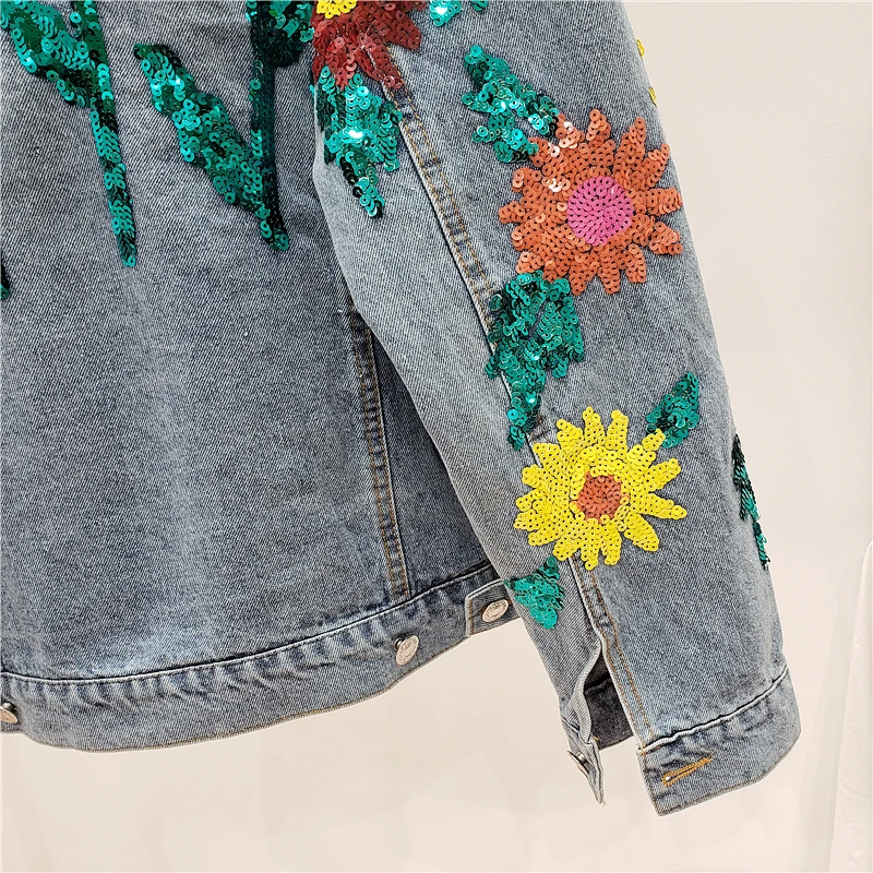 

2020 Spring Autumn Women Sun flower Sequin Denim Jacket Loose Long sleeve vintage Jeans Jacket Outerwear Women Streetwear G311