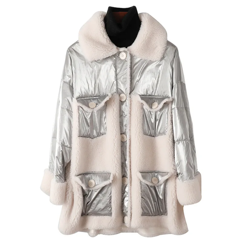 Новинка 2019 года Зимний пуховик из стриженной овечей шерсти в Корейском стиле