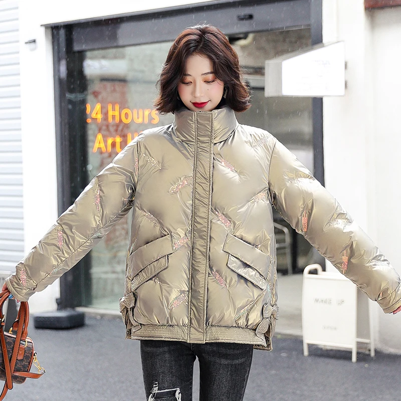 

ISENMAL Women Winter Jacket Shining Fabric Cotton Padded Warm Thicken Short Coat Hooded Fashion Parka Female
