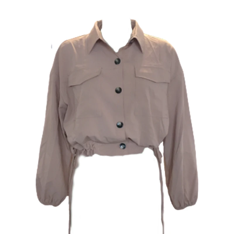 

Lantern Sleeve Drawstring Pocket Women Shirts Single Breasted Turn-down Collar Female Shirt Fashion Casual New Pink Ladies Tops