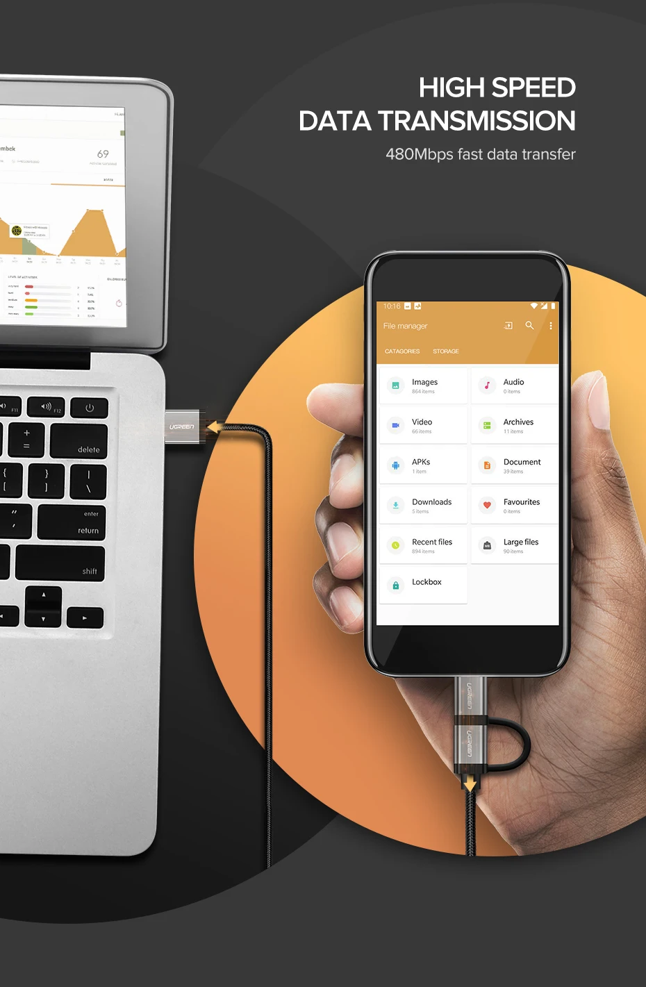 Ugreen 2 в 1 USB кабель для iPhone Pro 11 Max X 8 7 Быстрая зарядка Lightning+ Micro USB кабель для samsung Xiaomi huawei USB шнур