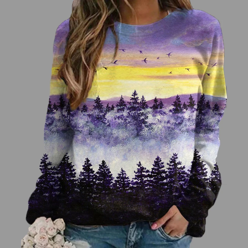 Spring Trend Women Pullover Clothes Forest Trees Print Tops Sweatshirt Female Casual Loose Outdoor Sportswear Oversize Blouse