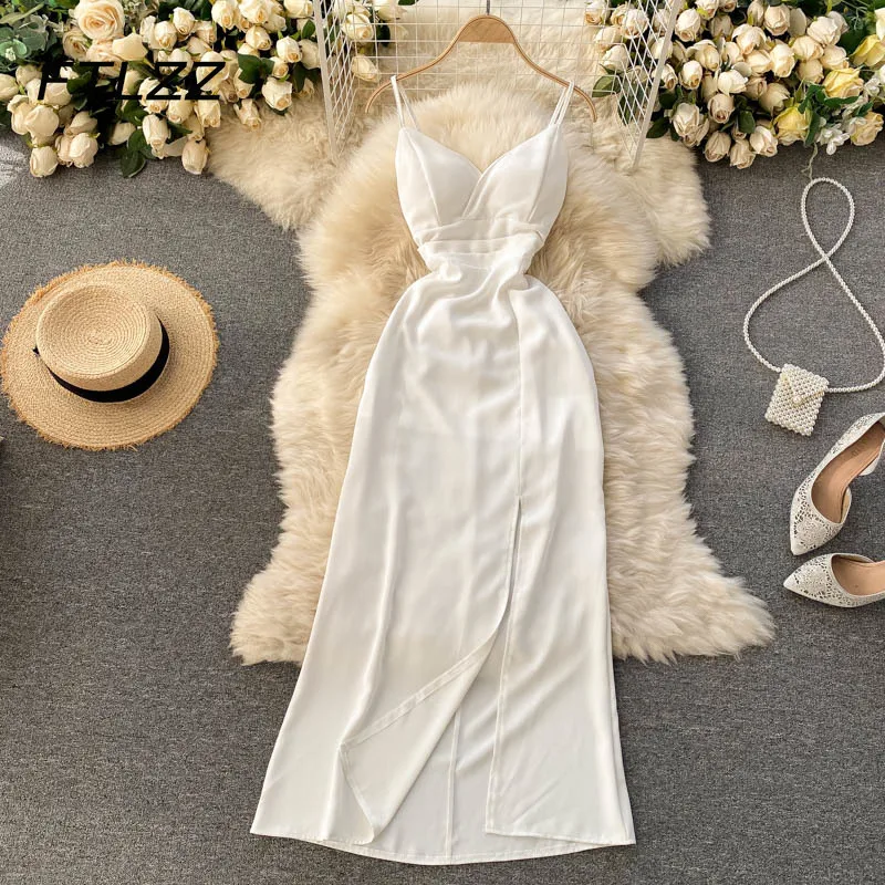 

Women Bodycon Dress New 2021 Summer V Neck Slim Spaghetti Strap Midi Dresses Ladies Elegant Backless Party Dress Vestidos