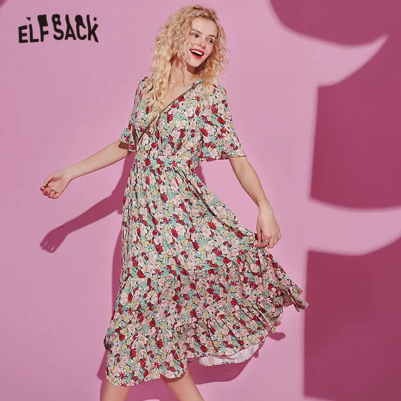 ELFSACK Multicolor Disty Floral Print Casual Midi Chiffon Dresses Women 2020 Summer ELF High Waist Korean Ladies Holiday Dress | Женская