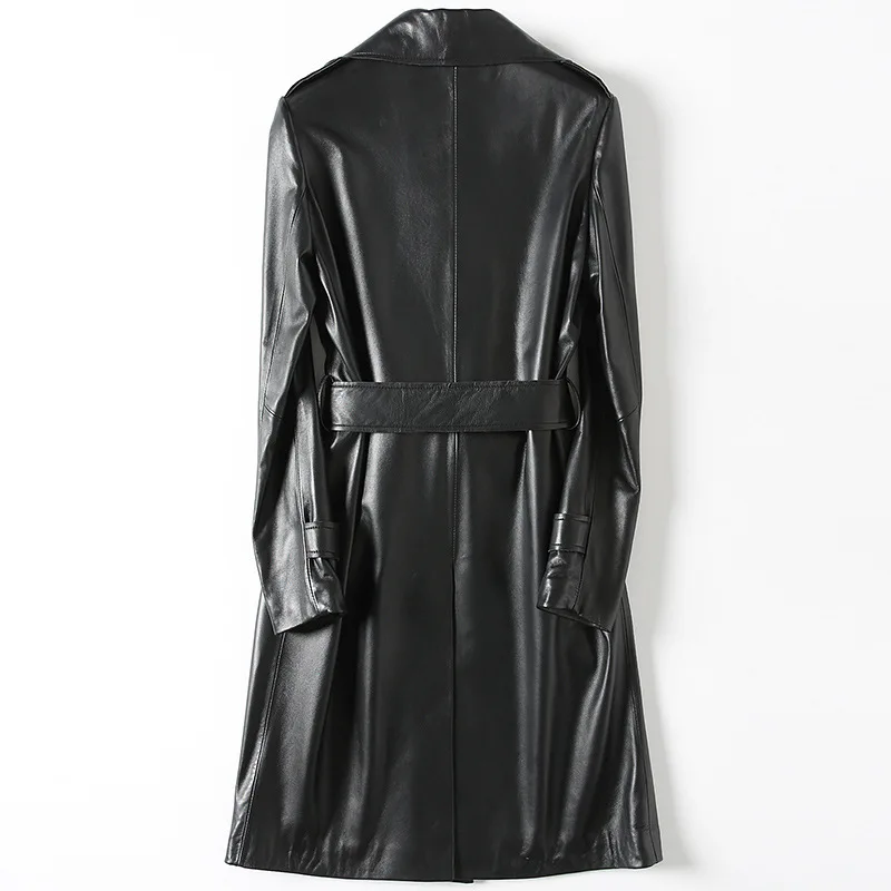 Long Slim Turn-down Collar Black Sheepskin Genuine Leather Autumn Spring Women Classic Leather Coat with Sashes Pockets
