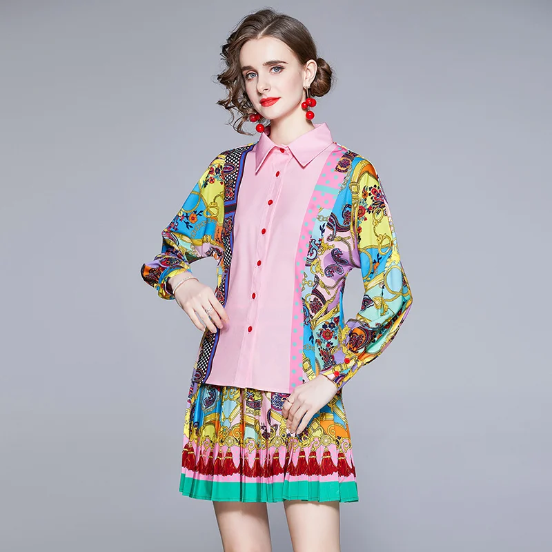 

Floral Printed Spring Two Piece Set Women Single Breasted Blouse + Pleated Mini Skirts Set Tracksuit Europe Runway Outfits C854