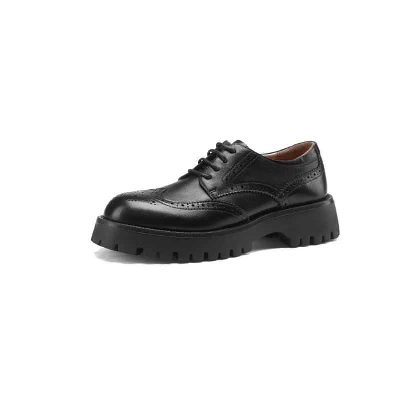 

Prova Perfetto retro round toe lace up brogue shoes women's low heel platform shoes European style ladies leather Shoes brown