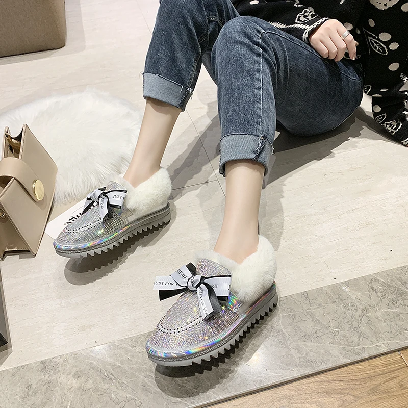 Модная обувь с украшением в виде кристаллов зимние ботинки круглый носок