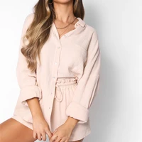 fantoye casual sporty two pieces sets women solid long sleeve blouse and drawstring biker shorts outfits high street tracksiuts