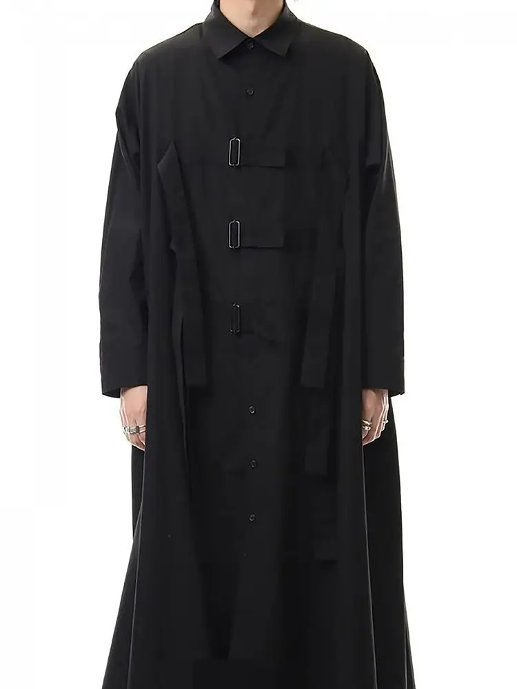 

Тренчкот мужской с квадратным воротником, Модное Длинное Свободное пальто с металлической пряжкой и лентой, однотонное, большие размеры, Ос...