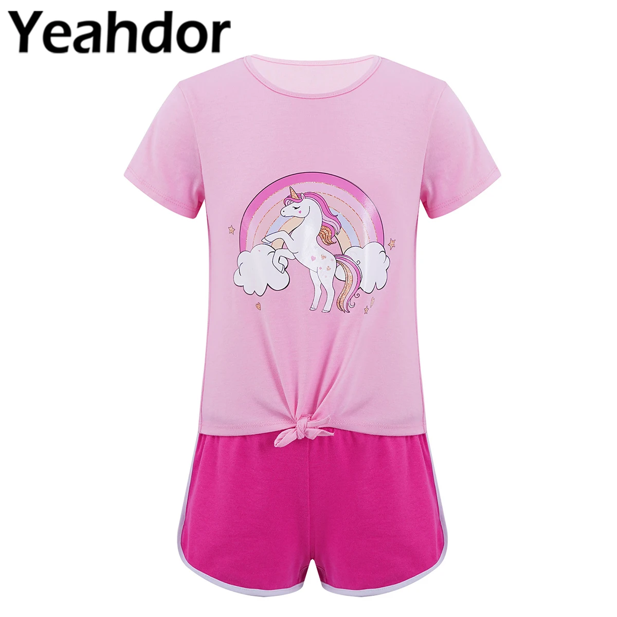 

2Pcs Kids Girls Casual Sports Outfit Round Neck Short Sleeves Cartoon Horse Print T-shirt and Shorts Set Child Casual Sport Suit