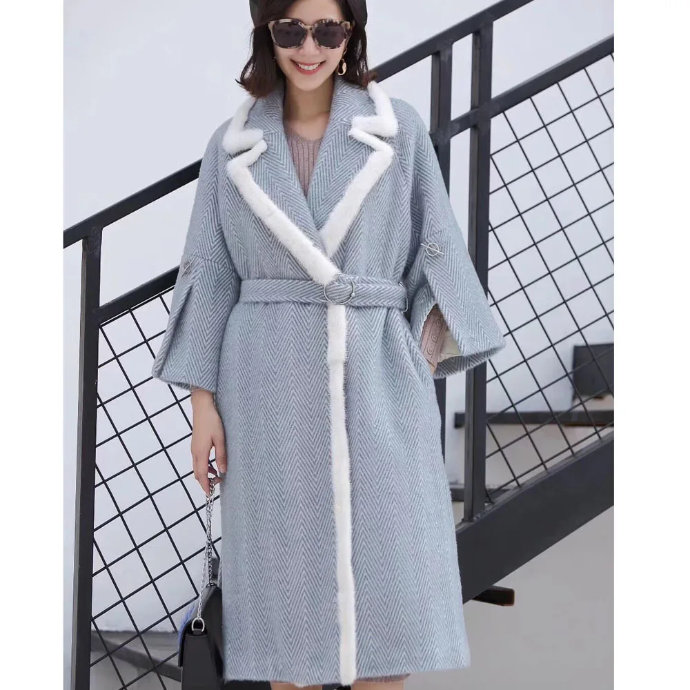 Coat Winter Women Wool 2020 Sheared Long mink fur Collar Coats Superior quality Plaid Jacket Brand Design Quality WHF103 s | Женская