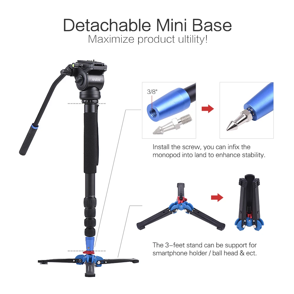 Andoer 172cm/67.7" Professional Camera Tripod Monopod Unipod Stand w/ Fluid Draft Hydraulic Damping Head for ILDC DSLR Camcorder |