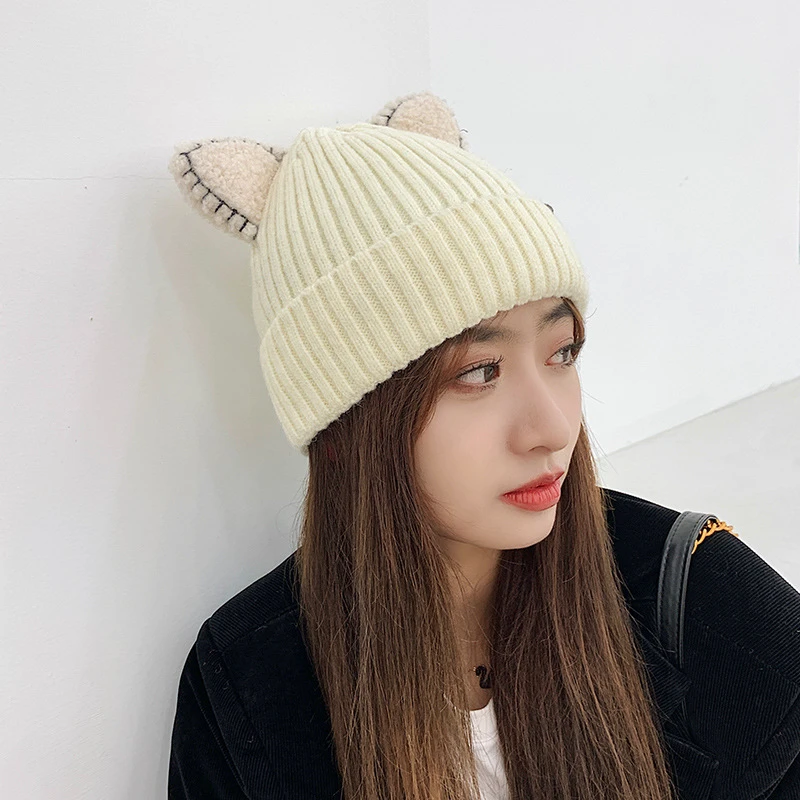 

Cute Hat With Ears Warm Female Cap Knitted Winter Cat Skullies Hat Winter 2021 Woman Outdoor Beanies Hat Panama Lady Cap