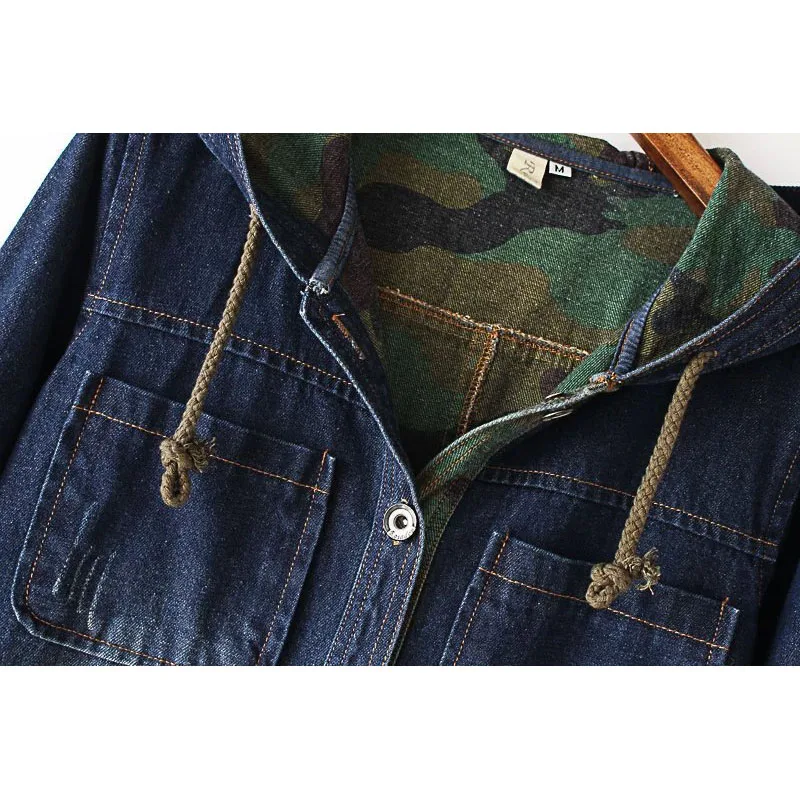 Тренчкот женский джинсовый с капюшоном модная длинная камуфляжная верхняя