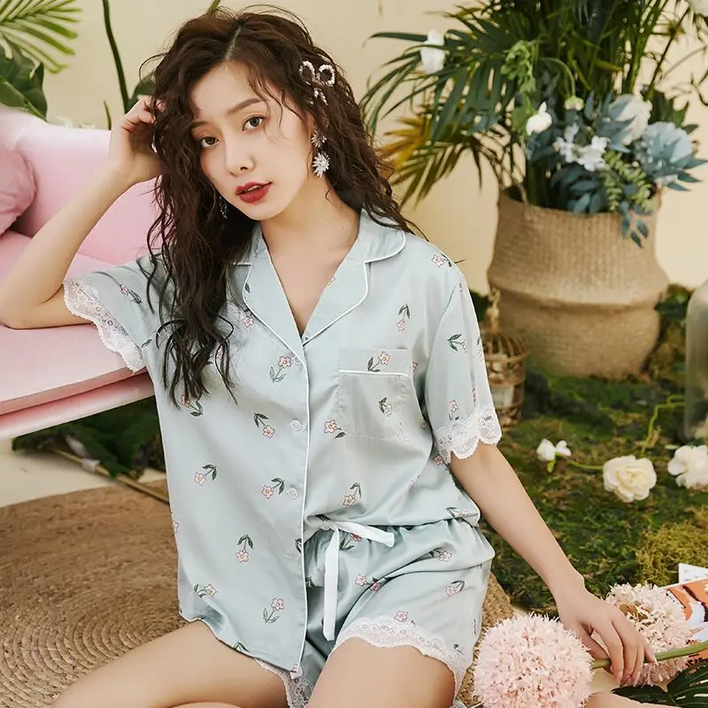

Summer suit short-sleeved shorts home dress service narcissus girl style night silk imitation ice pajamas women underwear sexy