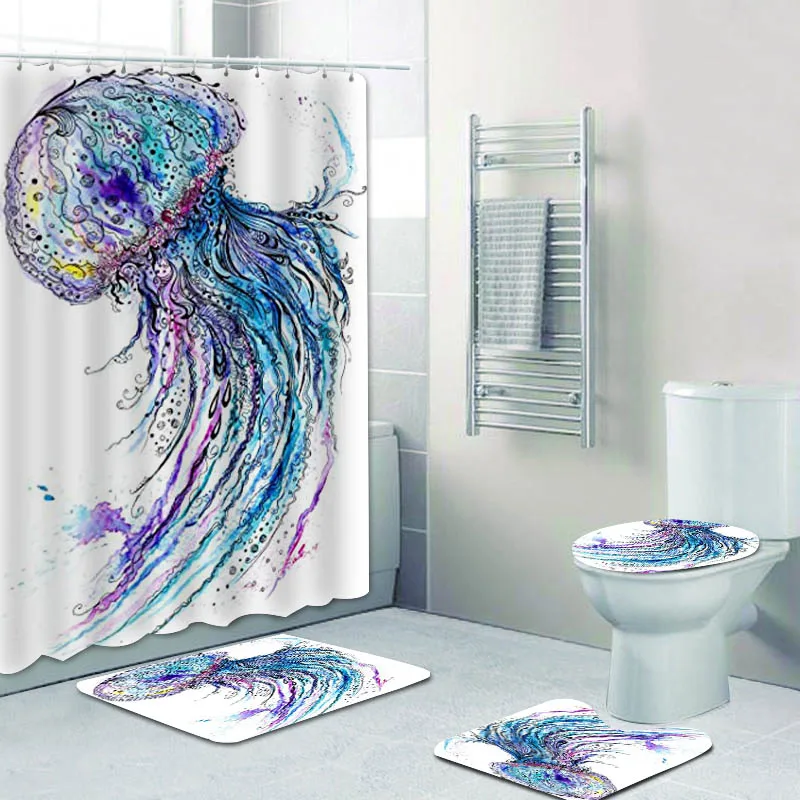 Занавеска для душа 3D акварельная Медуза набор ванны черепаха морской конек