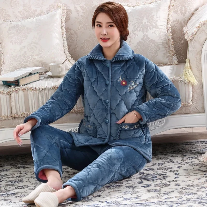 Pajamas Women Winter Warm Suits Coral Fleece Three-Layer Quilted Middle-Aged Mothers Thickened Flannel Warm Jacket Home Service