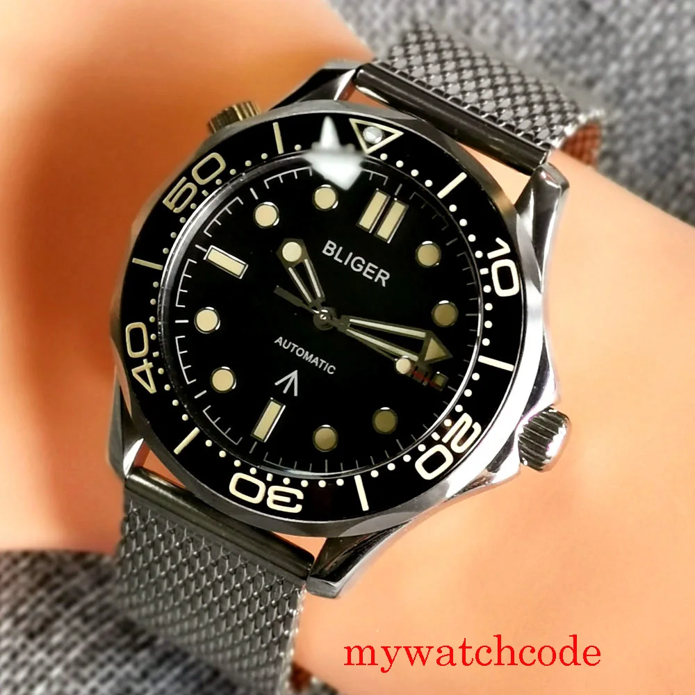 41 мм черный циферблат Автоматические Мужские часы сапфир кристаллический