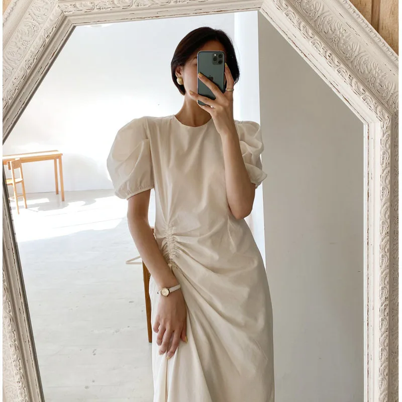 

Women High Waist Hip A Line Slim Vestidos Fashion Drawstring Design Solid Temperament Dress O Neck Short Sleeve Robe Femme