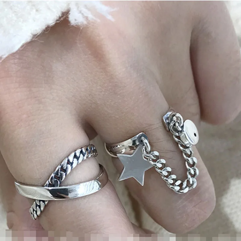

MEYRROYU Sterling Silver Vintage Trendy Five-pointed Star Chain Cross Ring Female Open Party Finger Jewelry Accessories In Stock