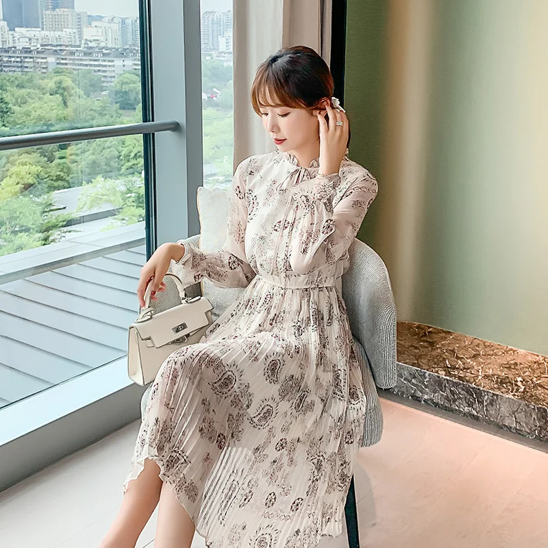 

Платье женское шифоновое с длинным рукавом и цветочной юбкой