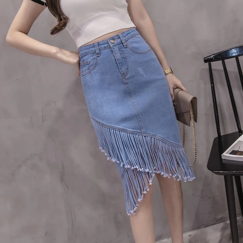 

Summer High Street Pockets Tassel All-match Slim Jean Skirts Women Solid Fashion High Waist Female Irregular Pencil Denim Skirt